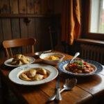 Close-up of Polish pierogi and hearty stew on a rustic wooden table in a cozy kitchen setting