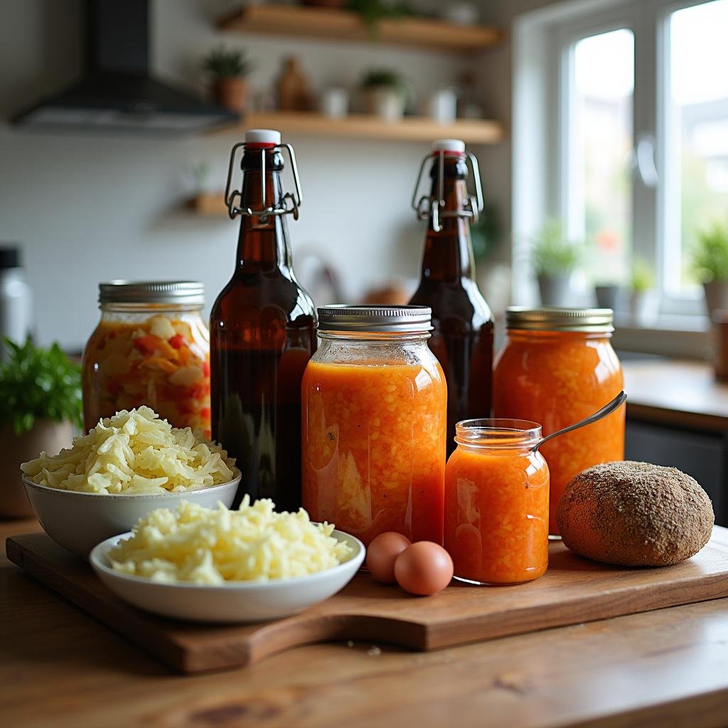 Assorted homemade fermented foods including sauerkraut, kimchi, and kombucha bottles displayed on a wooden table