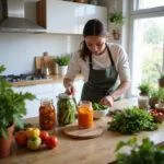Home cook fermenting vegetables in glass jars in a bright kitchen for easy homemade fermented foods