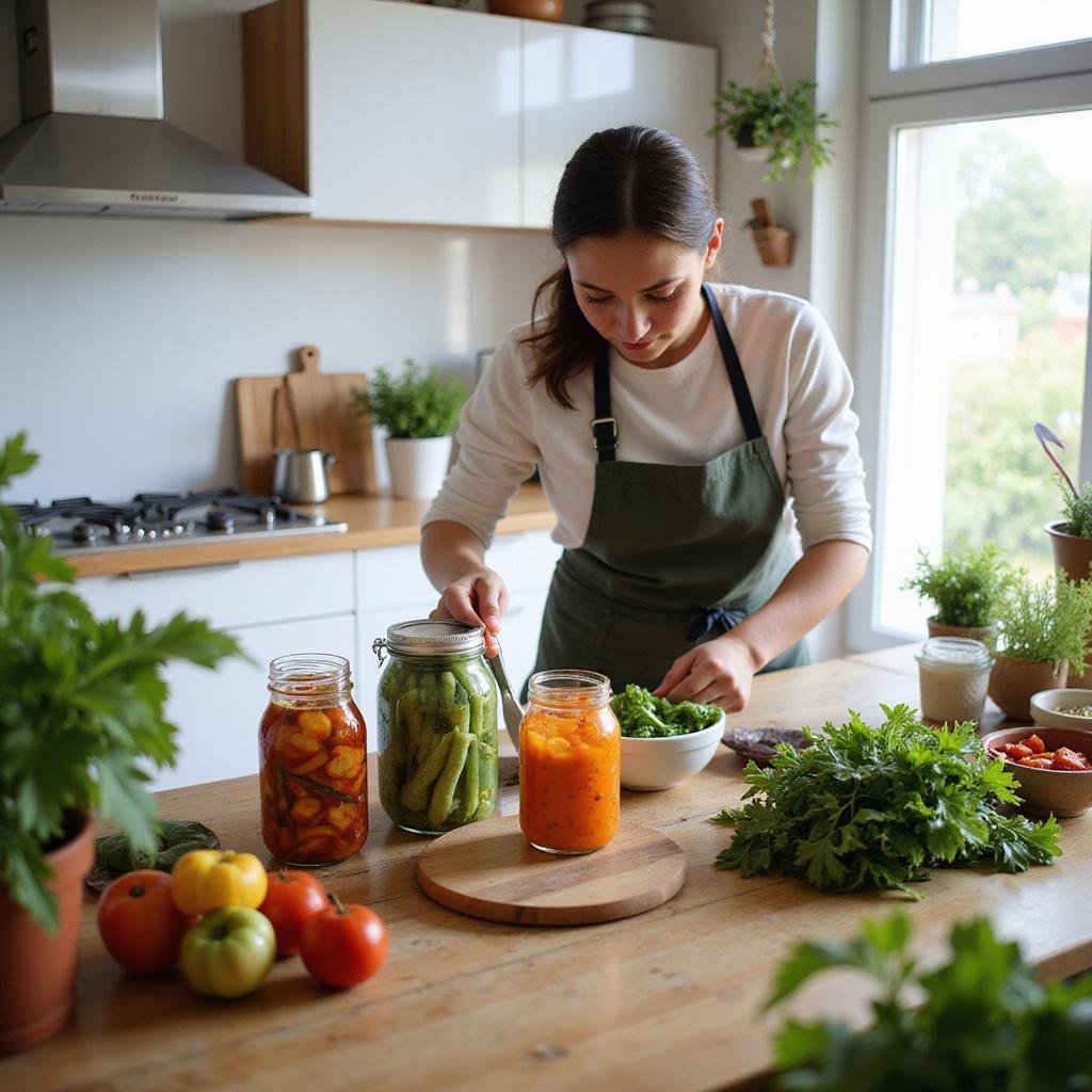 Home cook fermenting vegetables in glass jars in a bright kitchen for easy homemade fermented foods