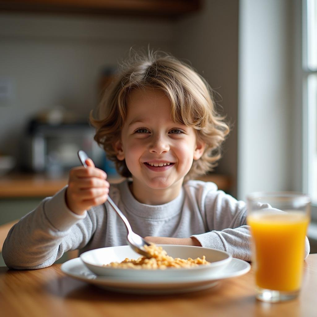 Child enjoying a quick, healthy breakfast before heading to school