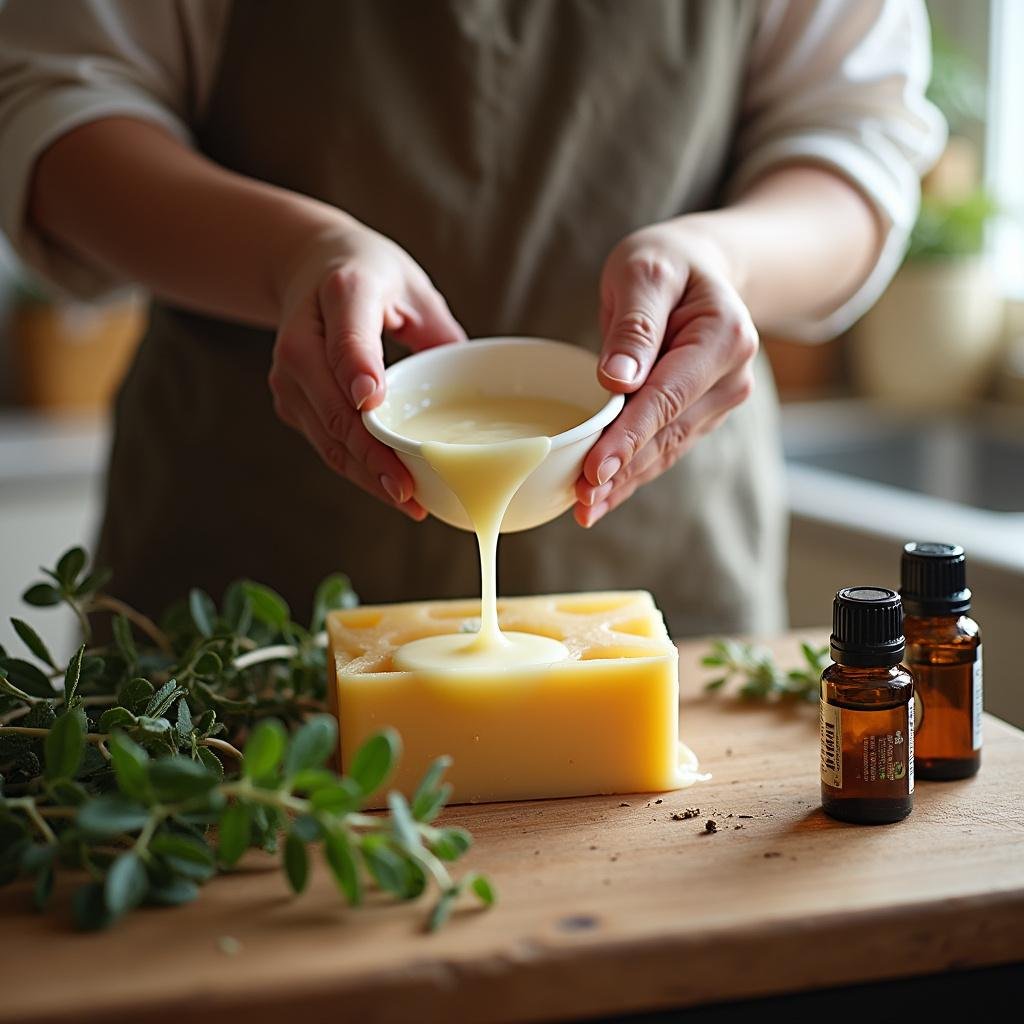 Homemade natural kitchen soap being poured into a mold in a cozy kitchen setting with herbs and oils
