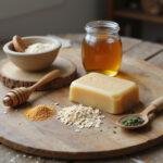 Natural kitchen soap ingredients including honey, oats, and herbs on a wooden table for homemade soap making