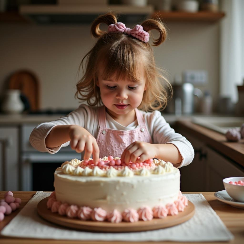 Young girl designing a cake with colorful icing and edible embellishments for an art project