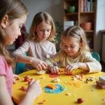 Kids making fun and vibrant edible art with fruits, candies, and snacks in a playful environment