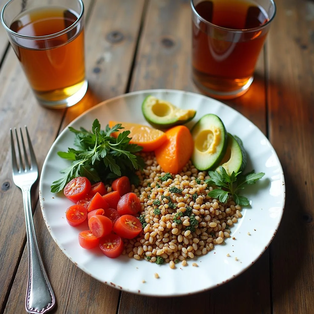 Colorful, nutritious evening meal served on a wooden table, promoting nourishing rituals.