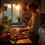 Woman preparing nourishing evening recipes in a warm, inviting kitchen during sunset.