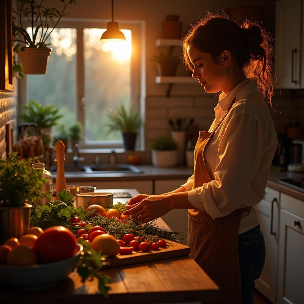 Woman preparing nourishing evening recipes in a warm, inviting kitchen during sunset.