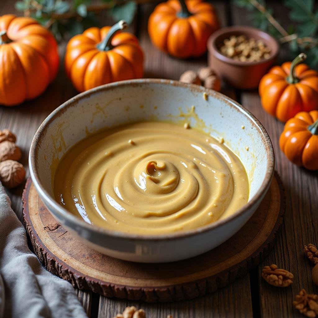 Rustic scene of fall baking ingredients including walnuts, pumpkins, and spices arranged around a mixing bowl with batter, emphasizing natural ingredients used in fall recipes.