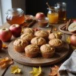 Close-up of homemade apple cinnamon muffins on a wooden table with fresh apples, cinnamon sticks, and honey jars, highlighting fall baking with natural ingredients.