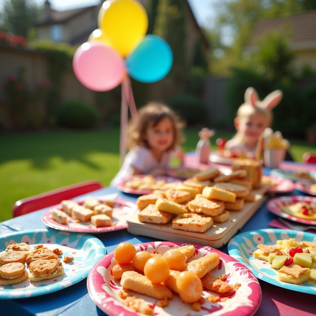 Family having a fun, themed outdoor meal with playful decorations, enjoying a variety of colorful and creatively presented foods suitable for children.