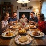 Family-friendly themed dinner with kids and parents smiling around a decorated table with fun pirate and princess themed dishes.
