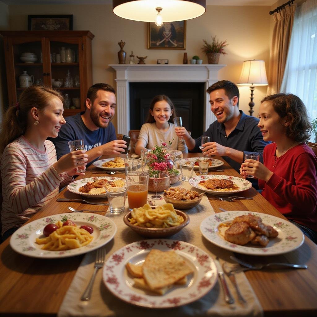 Family-friendly themed dinner with kids and parents smiling around a decorated table with fun pirate and princess themed dishes.