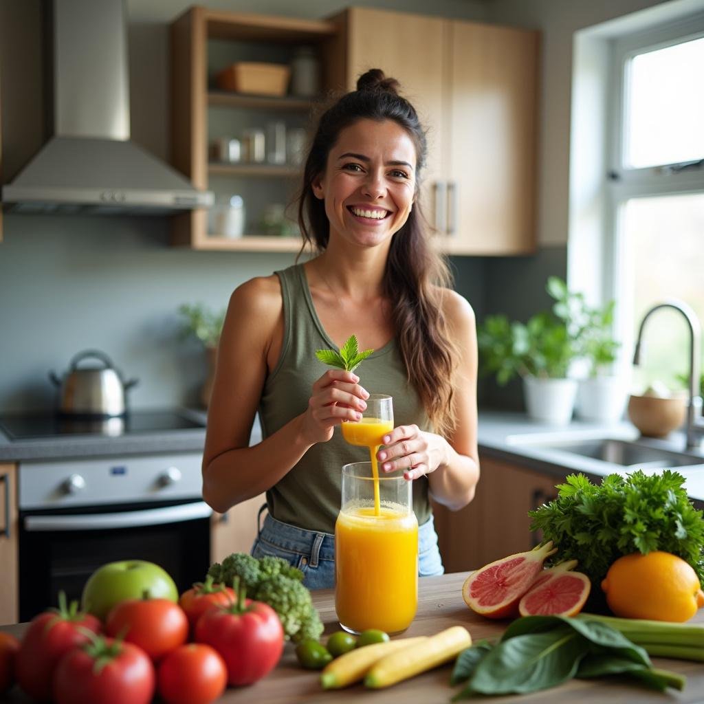 A cheerful individual blending a colorful fruit smoothie in a bright kitchen, emphasizing feel-good, healthy recipe preparation for grounding.