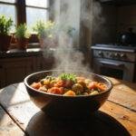 A bowl of hearty vegetable stew in a cozy kitchen setting with warm lighting and fresh ingredients around, evoking comfort and grounding feelings.