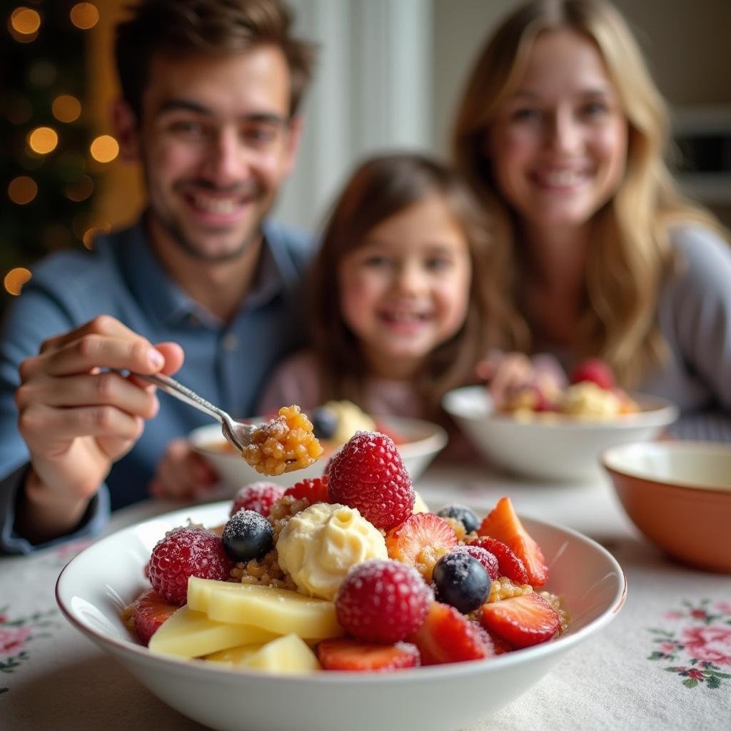 Family enjoying healthy, minimal sugar festive treats made with fruits and natural ingredients.