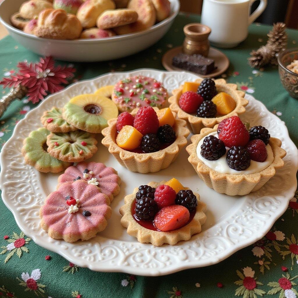 Festive desserts with minimal sugar displayed on a holiday table, featuring fruit tarts and colorful cookies.
