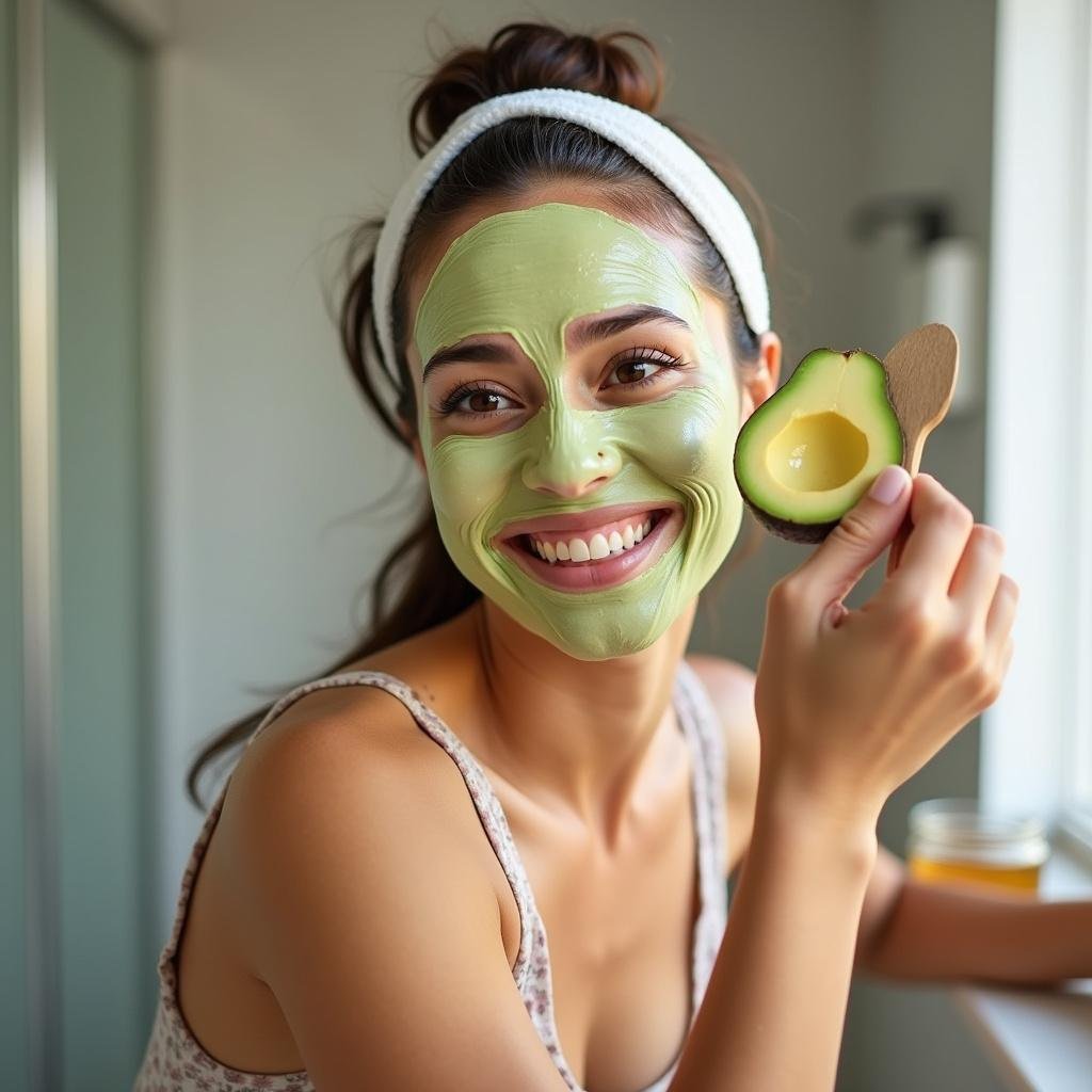 Woman applying a homemade food-based face mask with honey and avocado, demonstrating natural skincare routine.
