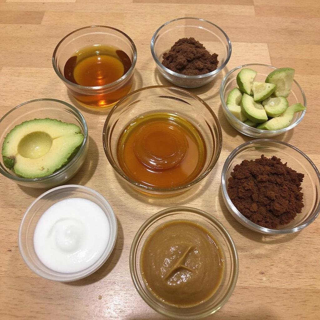 Food-based face masks made from honey, cacao, and avocado displayed in bowls on a wooden table, suitable for skin care.