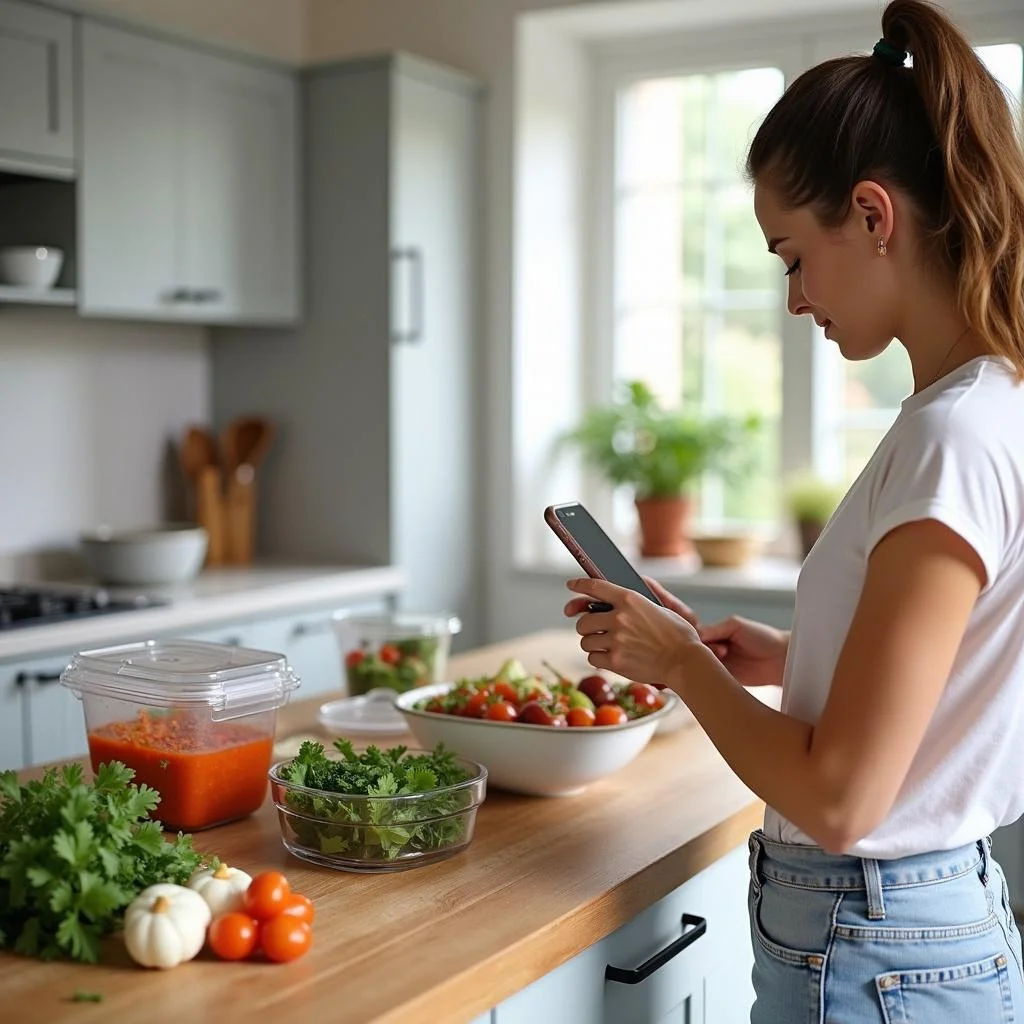 Woman using pre-prepped pantry food items to cook in a modern kitchen