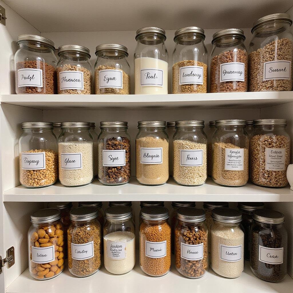 Clean and organized pantry with labeled jars and neatly stacked food items