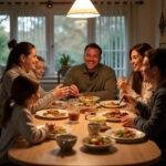 Happy family enjoying a meal together at the dining table, showcasing food rituals that enhance family bonding.