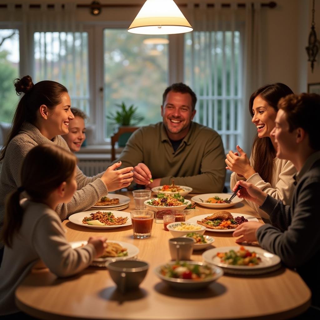 Happy family enjoying a meal together at the dining table, showcasing food rituals that enhance family bonding.