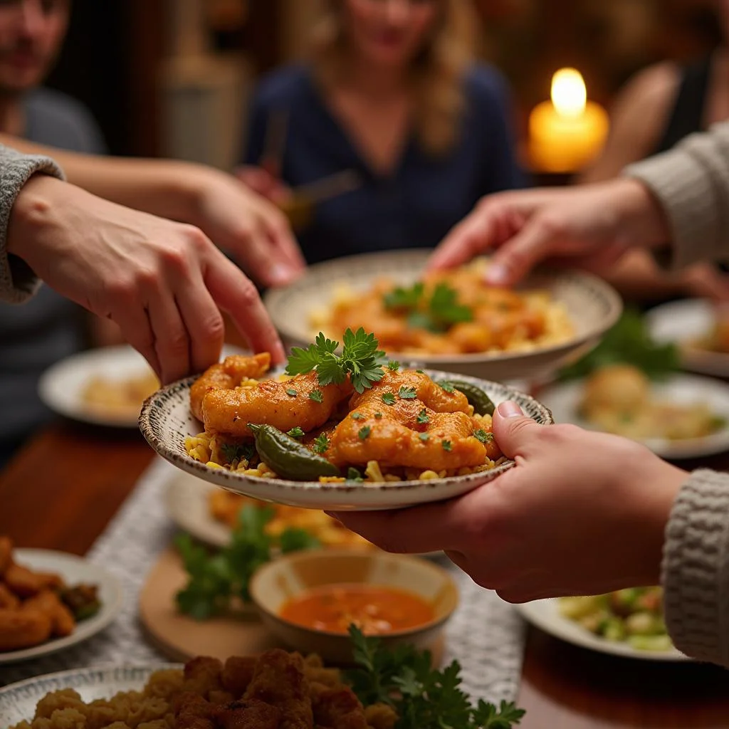 Family exchanging traditional dishes at a festive celebration to enhance bonds