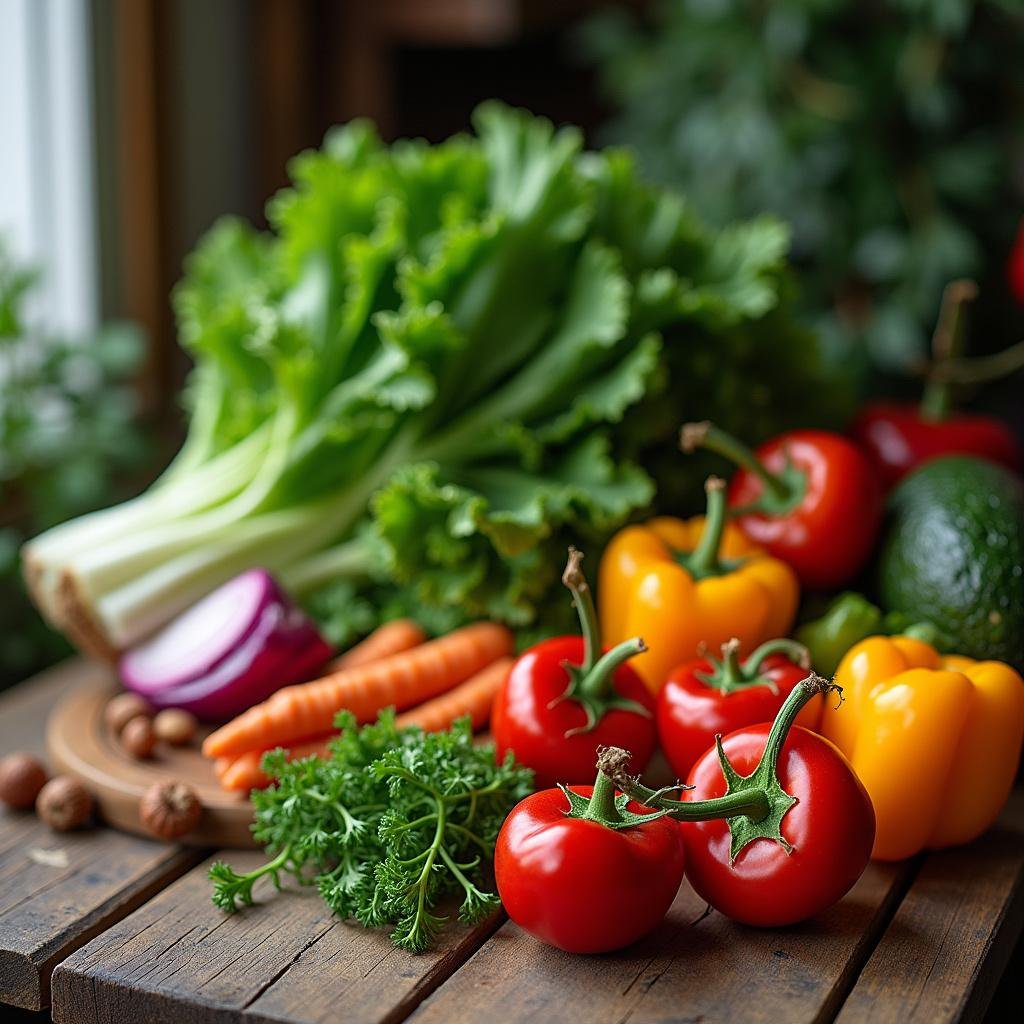 Fresh vegetables and leafy greens on a wooden table, highlighting foods that help combat fatigue naturally.