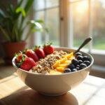 Healthy breakfast bowl with fruits, nuts, and seeds on a kitchen counter, representing foods that fight fatigue naturally.