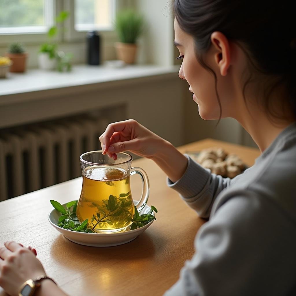 Close-up of a person drinking herbal tea made from ginger and peppermint, known for alleviating bloating