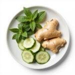 Assorted fresh vegetables and herbs that help reduce bloating, including cucumbers, ginger slices, and peppermint leaves