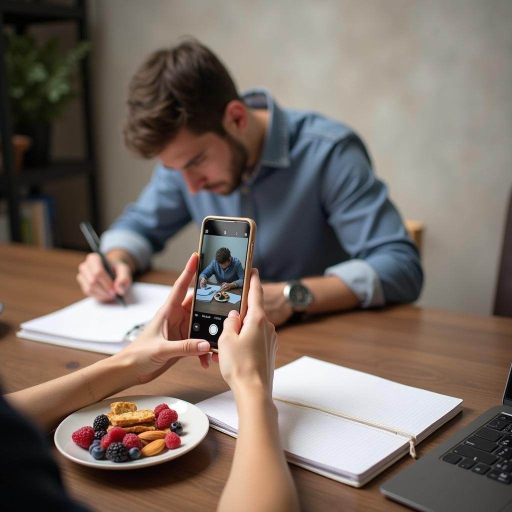 Student studying with healthy snacks like berries and almonds to stay alert before a big meeting.
