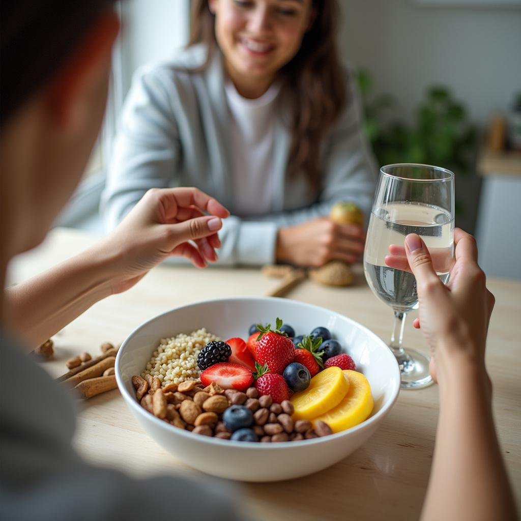 Healthy breakfast with fruits, nuts, and water to energize before a big exam.