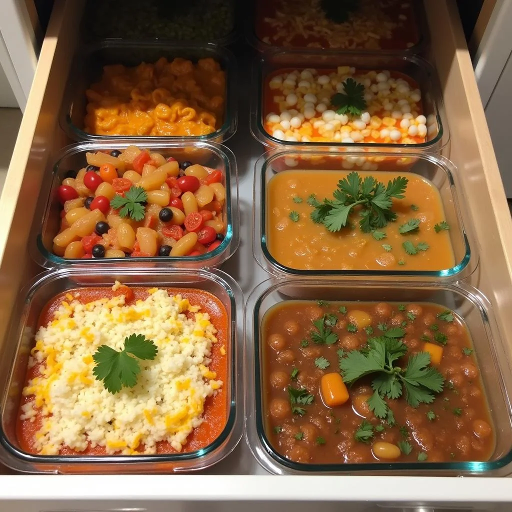Various homemade freezer meals stored in a freezer drawer, showcasing cost-effective options for frugal families.