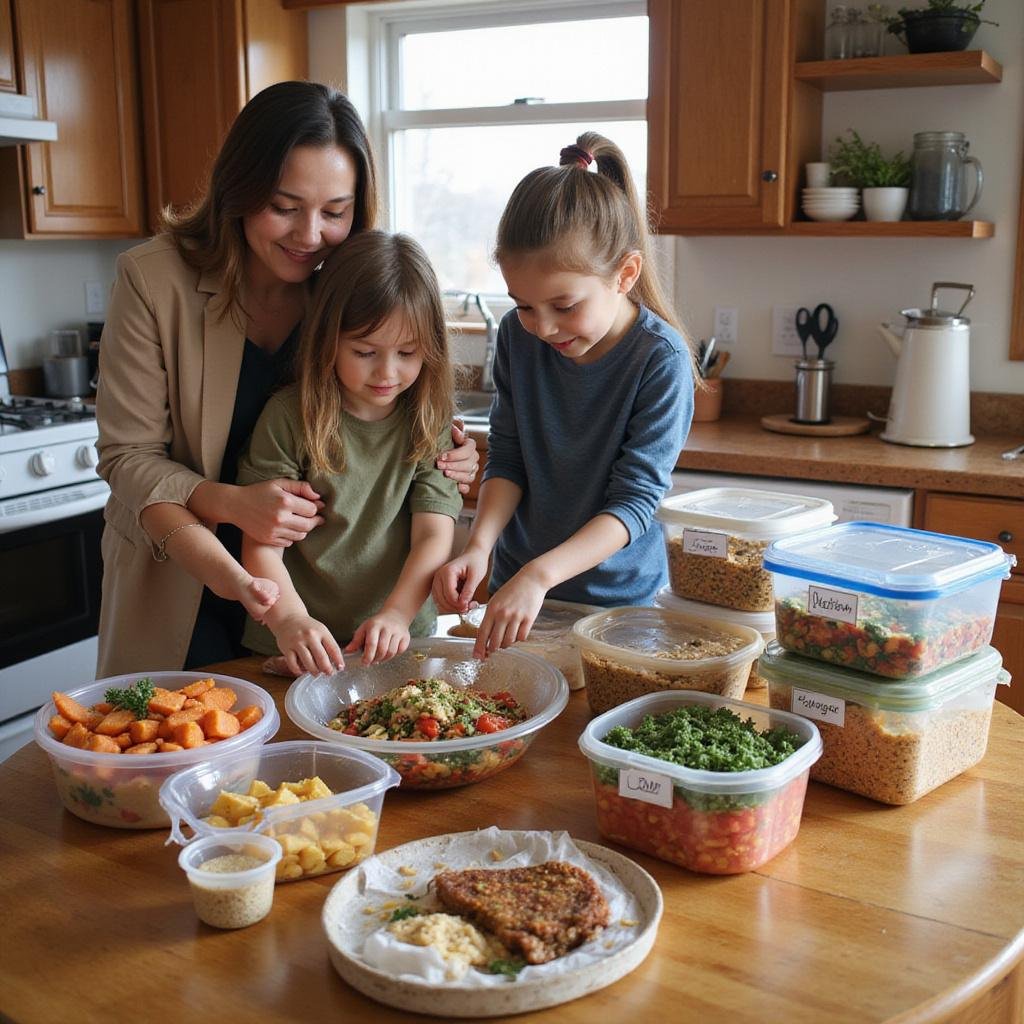 Family preparing freezer-friendly meals in the kitchen with organized containers and ingredients, promoting budget-friendly cooking.