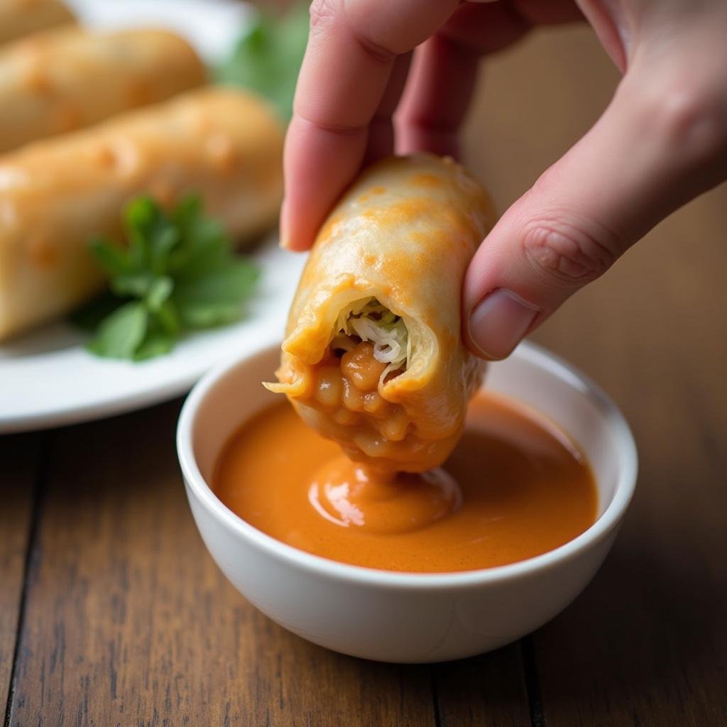 Hand dipping a spring roll into peanut sauce with additional rolls on a plate in the background.
