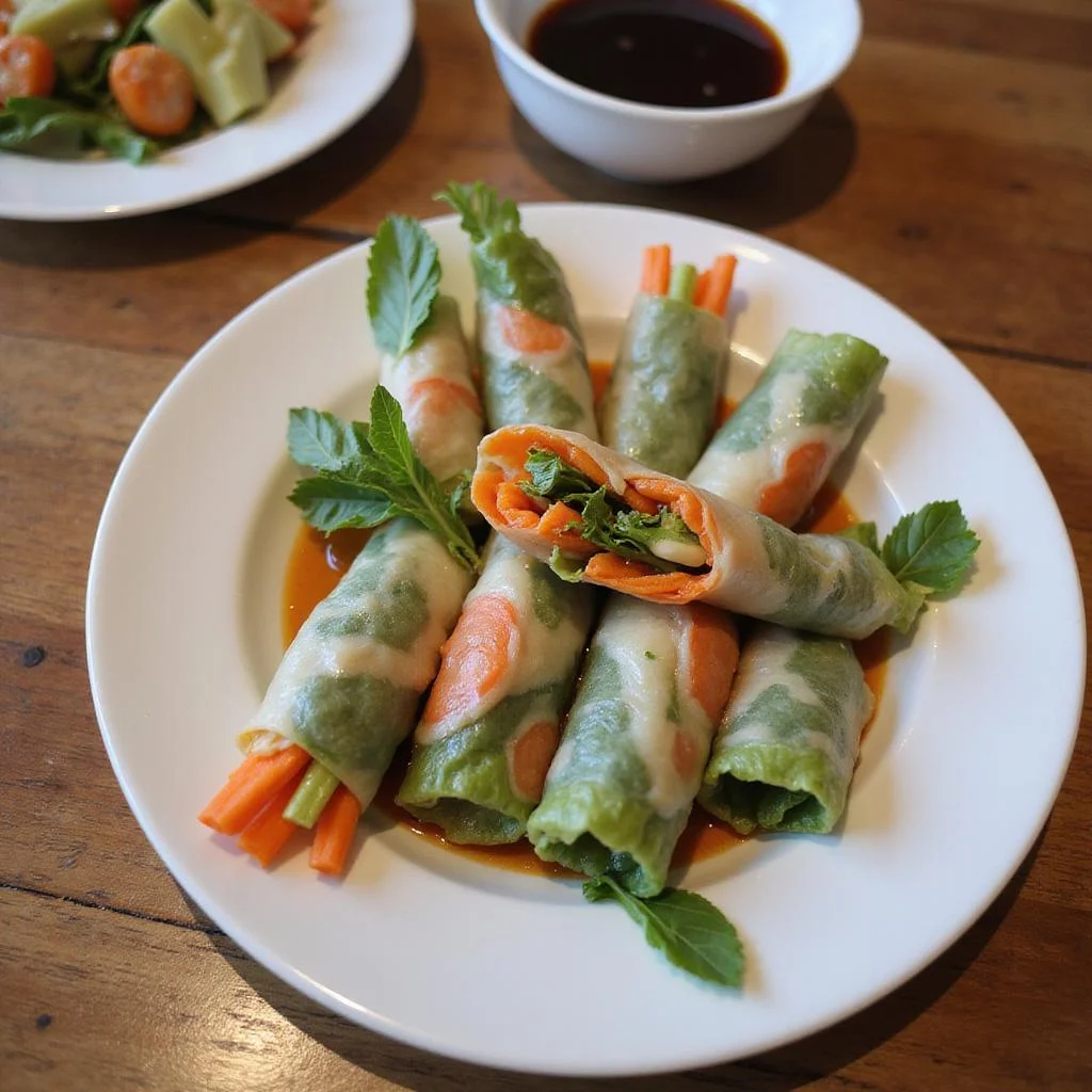 Fresh spring rolls filled with vegetables and herbs served with dipping sauce on a wooden table.