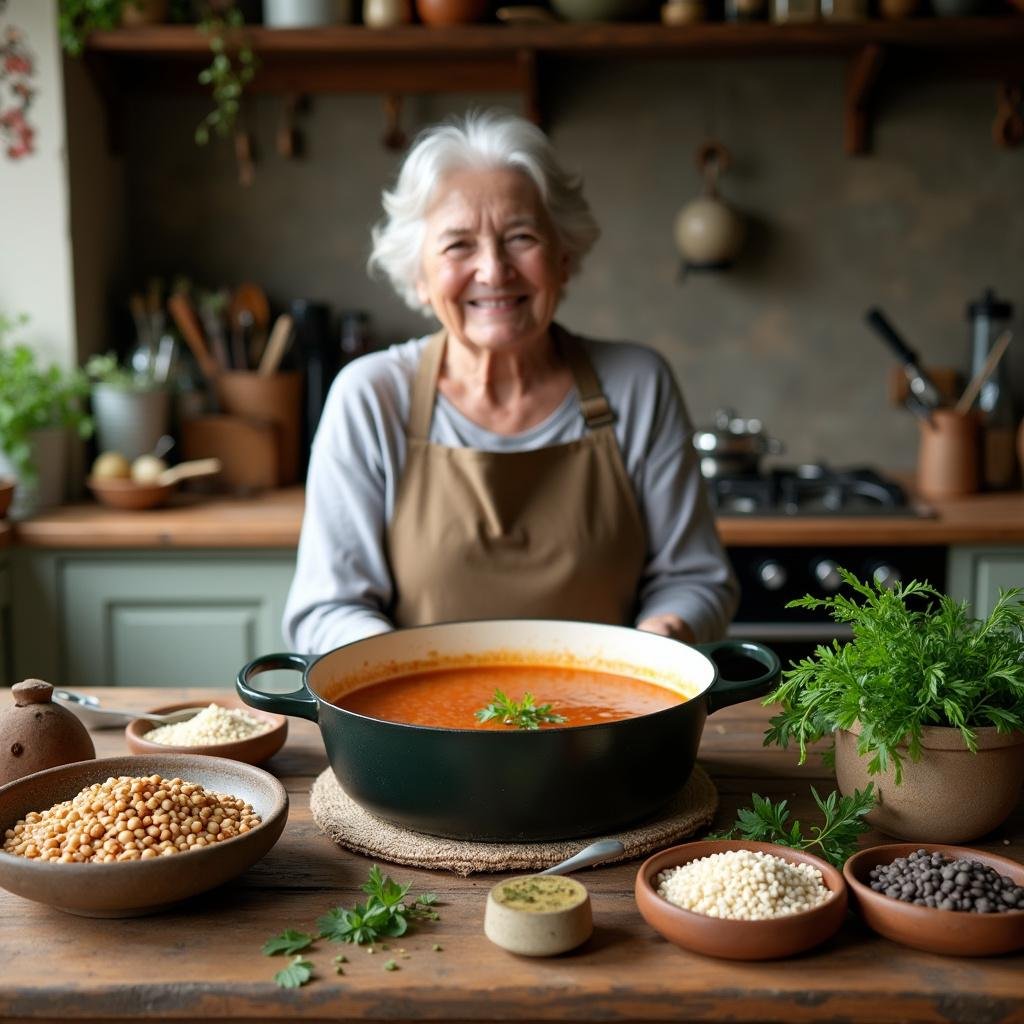 Grandma cooking a budget-friendly meal using affordable ingredients in her rustic kitchen, showcasing frugal cooking tips.