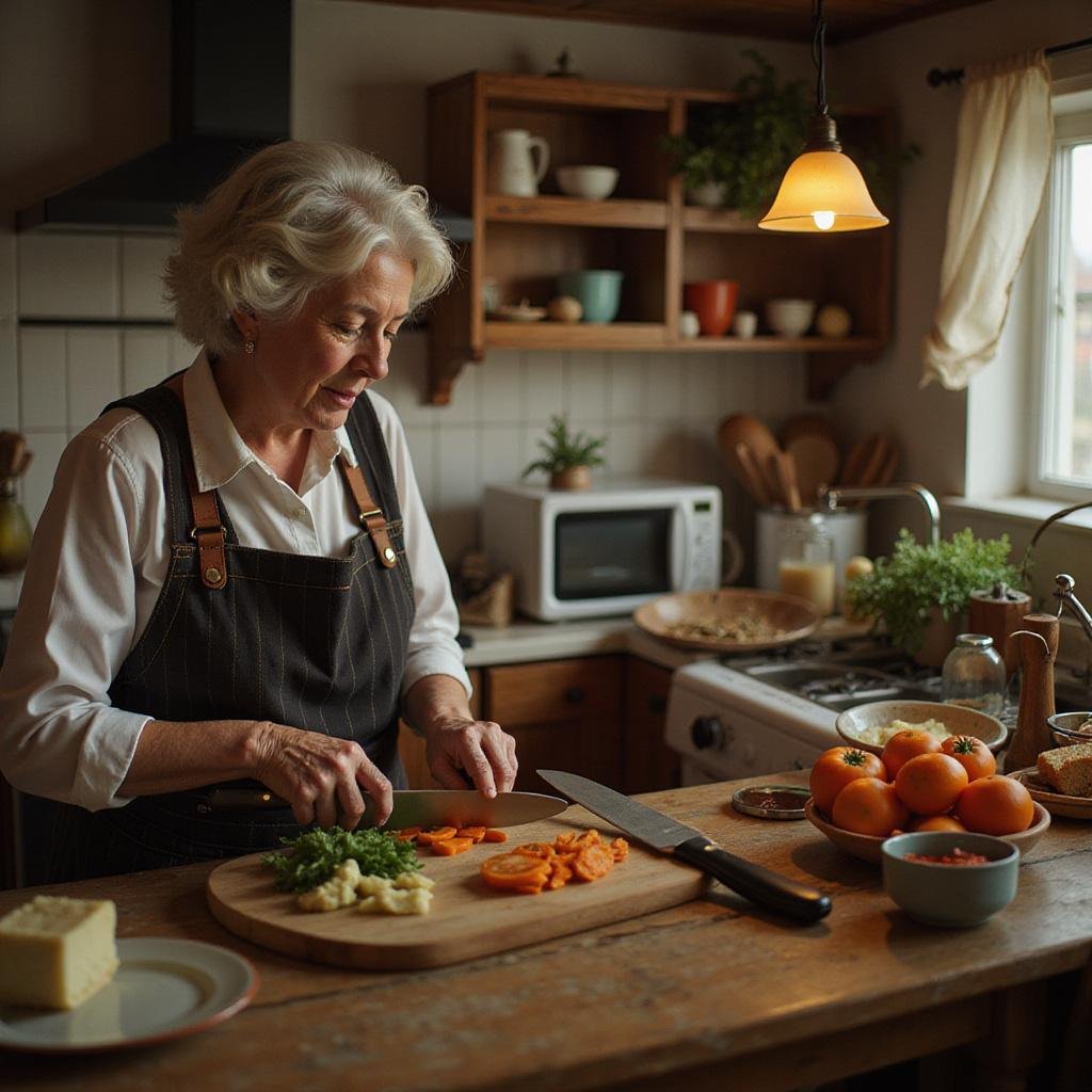 Grandma preparing a frugal, homemade meal in her vintage kitchen, chopping vegetables with a smile.