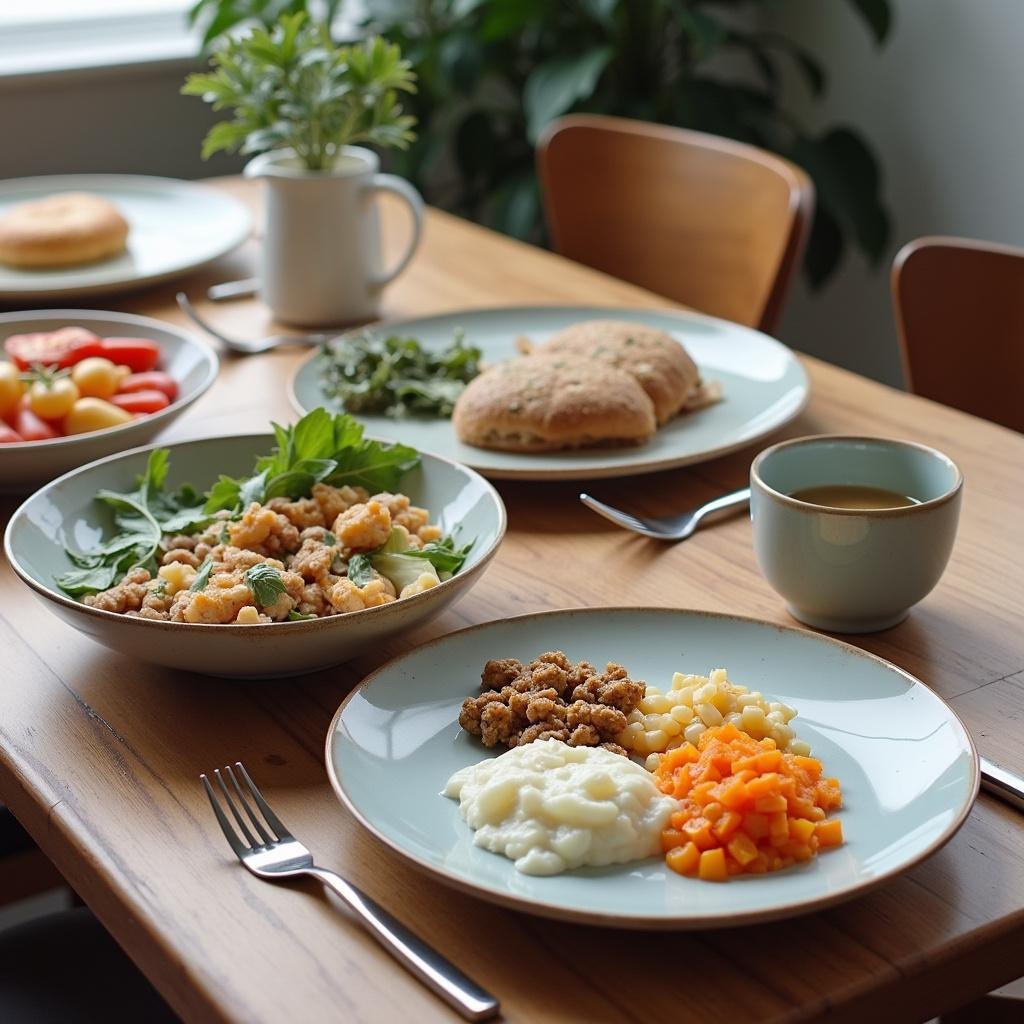 Family enjoying a frugal, zero waste meal at the dining table with reusable dishes and leftovers.