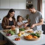 Family cooking a zero waste meal together in the kitchen with reusable containers and fresh produce.