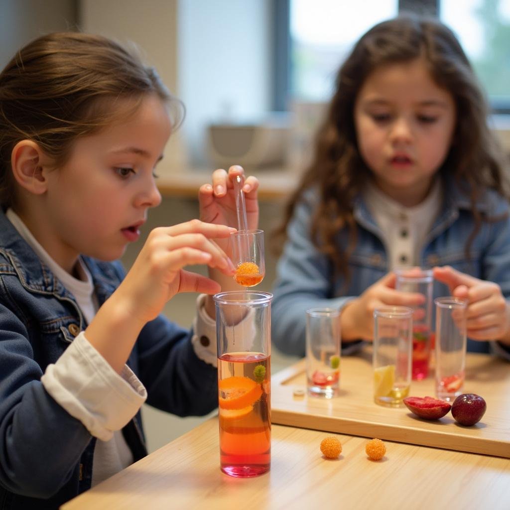 Kids exploring food science with floating fruit in test tubes during a hands-on experiment.