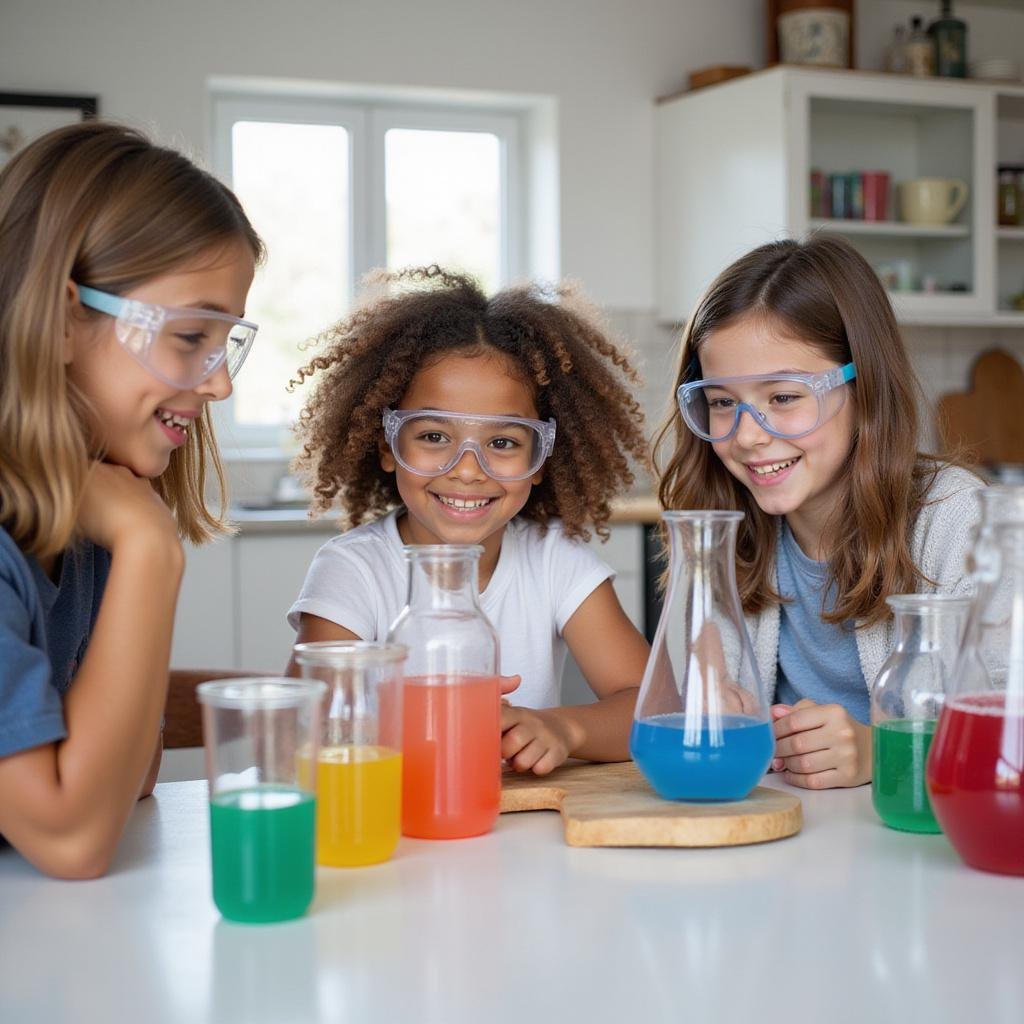 Children performing a fun food science experiment with colorful liquids and safety goggles in a kitchen.