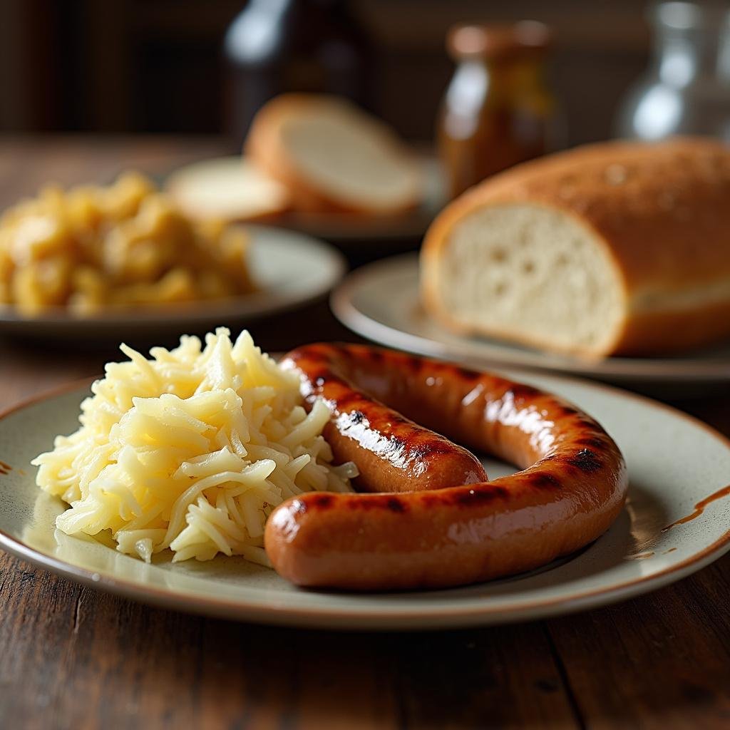 Plate of traditional German food including sausages, sauerkraut, and bread, prepared in Oma’s kitchen style for an authentic feel.