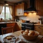 German kitchen scene with traditional decor, steaming pot, and fresh bread, showcasing authentic Oma’s kitchen ambiance.