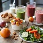 Colorful gut health snacks such as yogurt parfaits, fermented veggies, and probiotic smoothies displayed on a wooden table in natural light.
