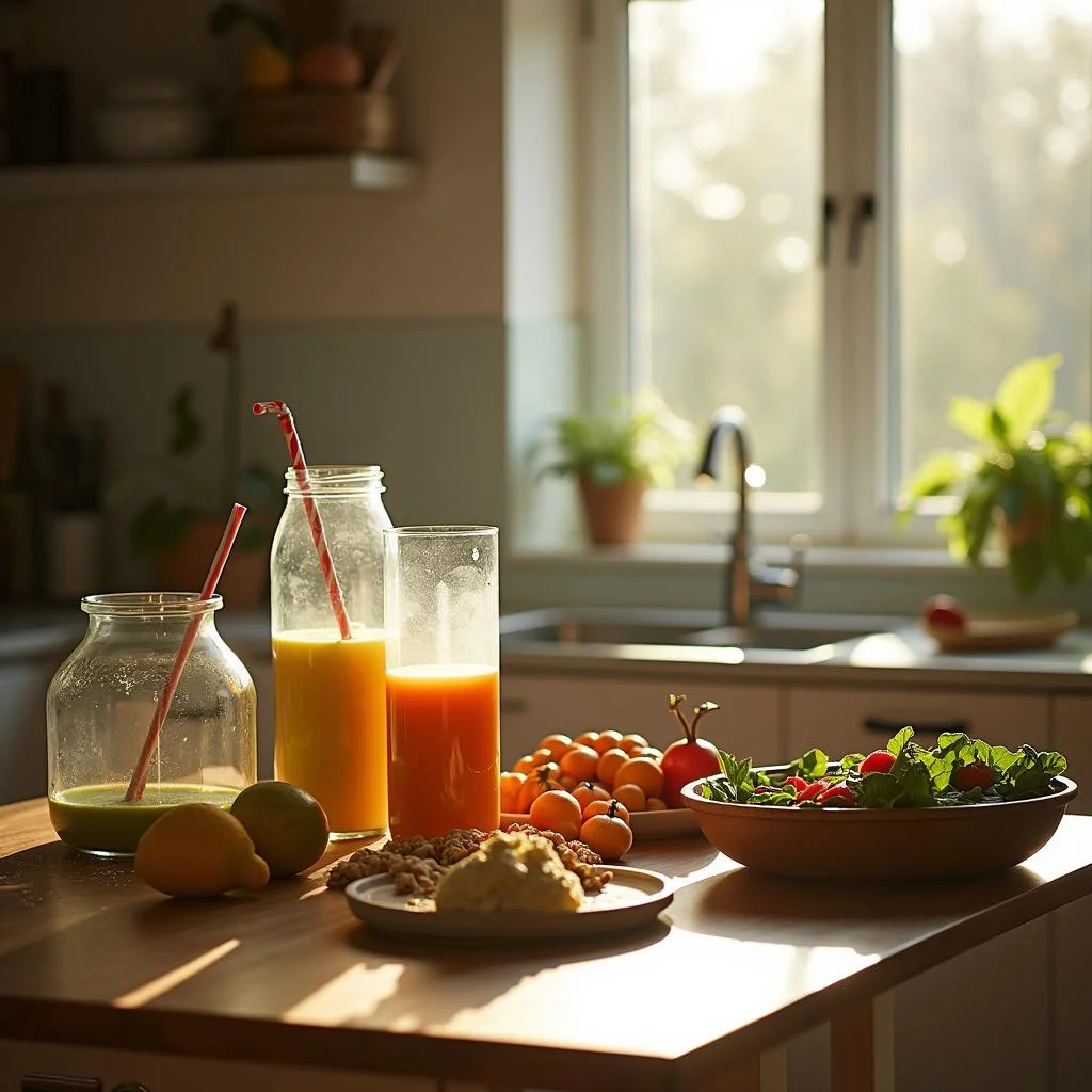 Kitchen setting with prepared healing foods like smoothies and salads, emphasizing a gentle approach to health.