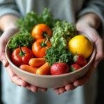 Person holding a bowl of fresh vegetables and fruits representing healing through food.