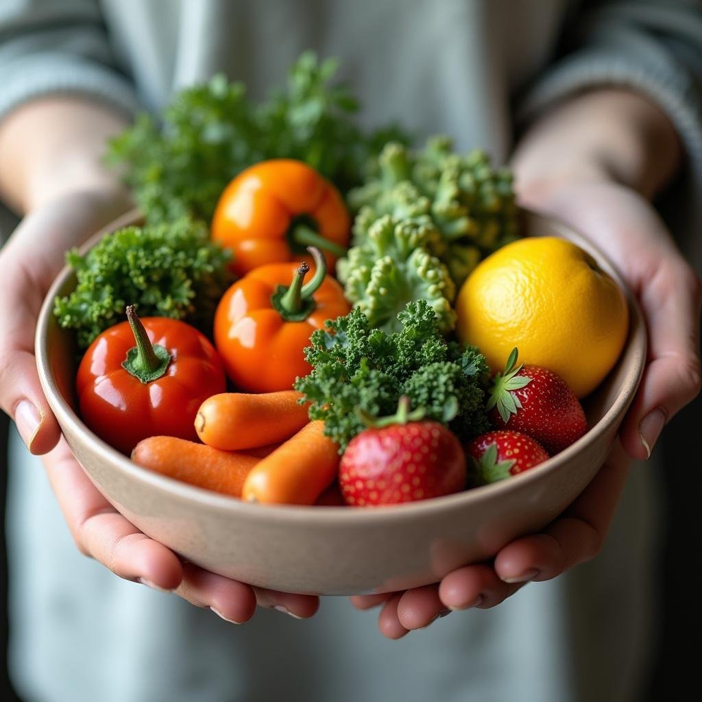 Person holding a bowl of fresh vegetables and fruits representing healing through food.